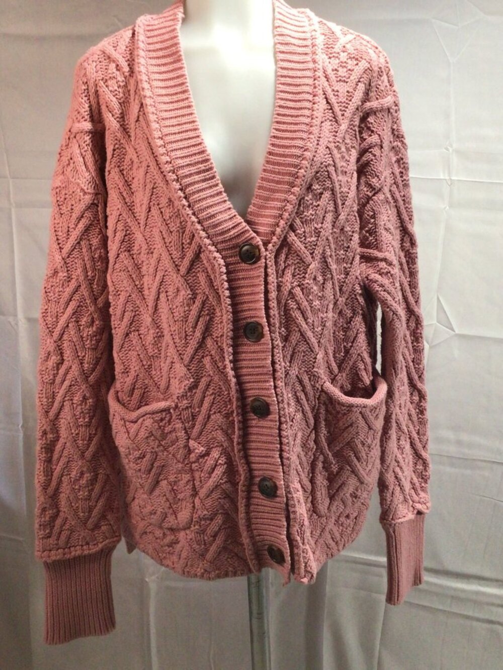 Chunky Knit Pink Cardigan Medium Button Front Sweater Patch Pockets
